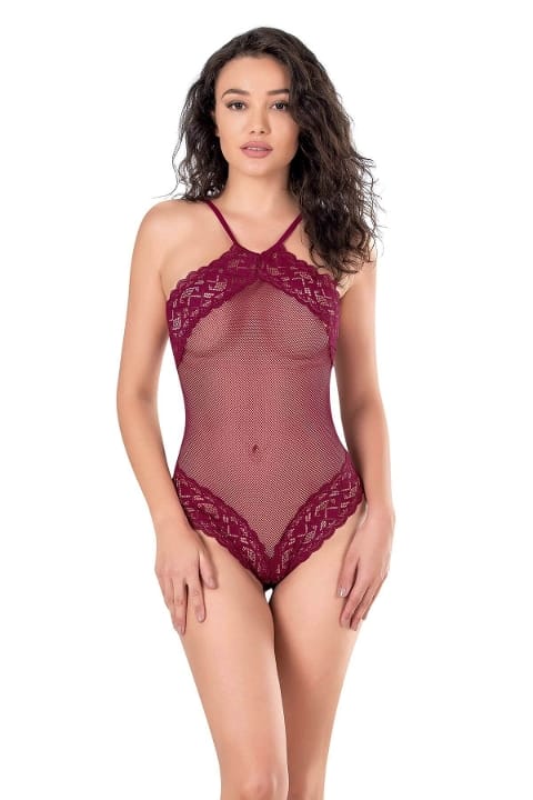 Bordo File Tül Bodysuit Fantezi İç Giyim Ahu 8126